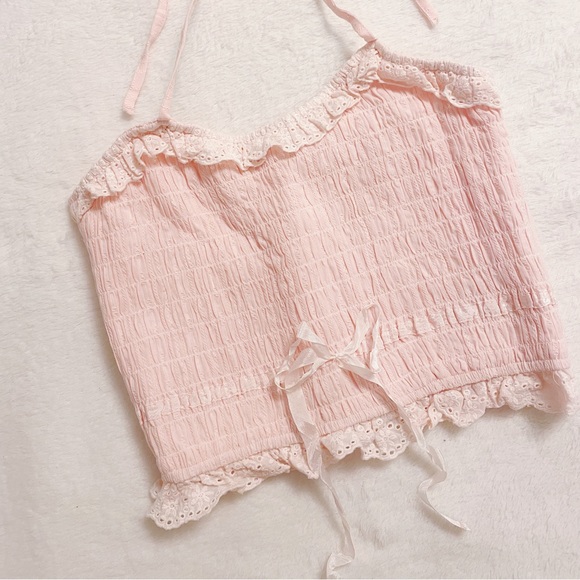 Pastel Pink Japanese Kawaii Style Cottage Lace Ruffle Ribbon Halter Crop Top